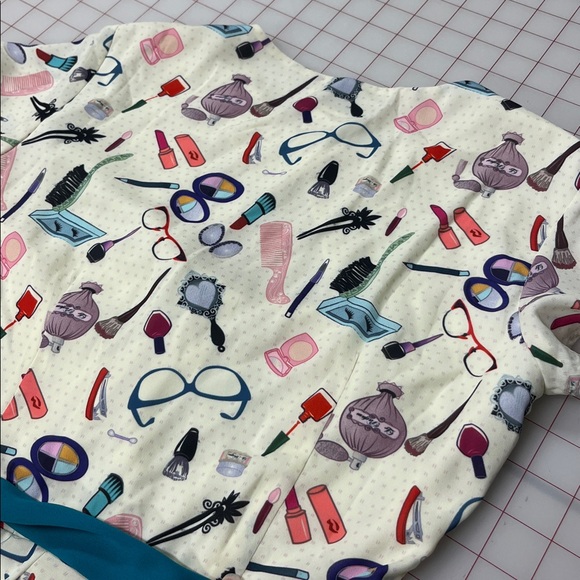 UNIQUE VINTAGE Retro Novelty "Make Up" Print SHT SLV Belted Full Skirt Dress XS - Picture 7 of 16